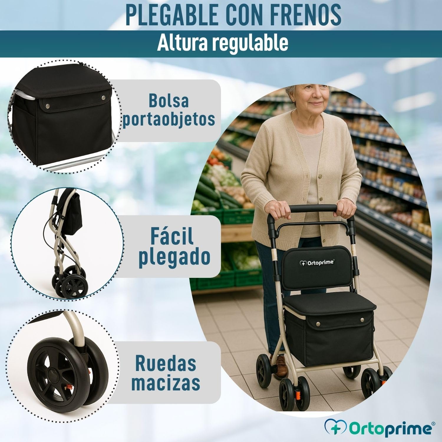 OrtoPrime Andador para Ancianos Plegable con CARRO DE LA COMPRA - Rollator 4 Ruedas Carrito de la compra Plegable Caminadores para Mayores - Andadores Adultos Asiento con Cesta y Ruedas 360º