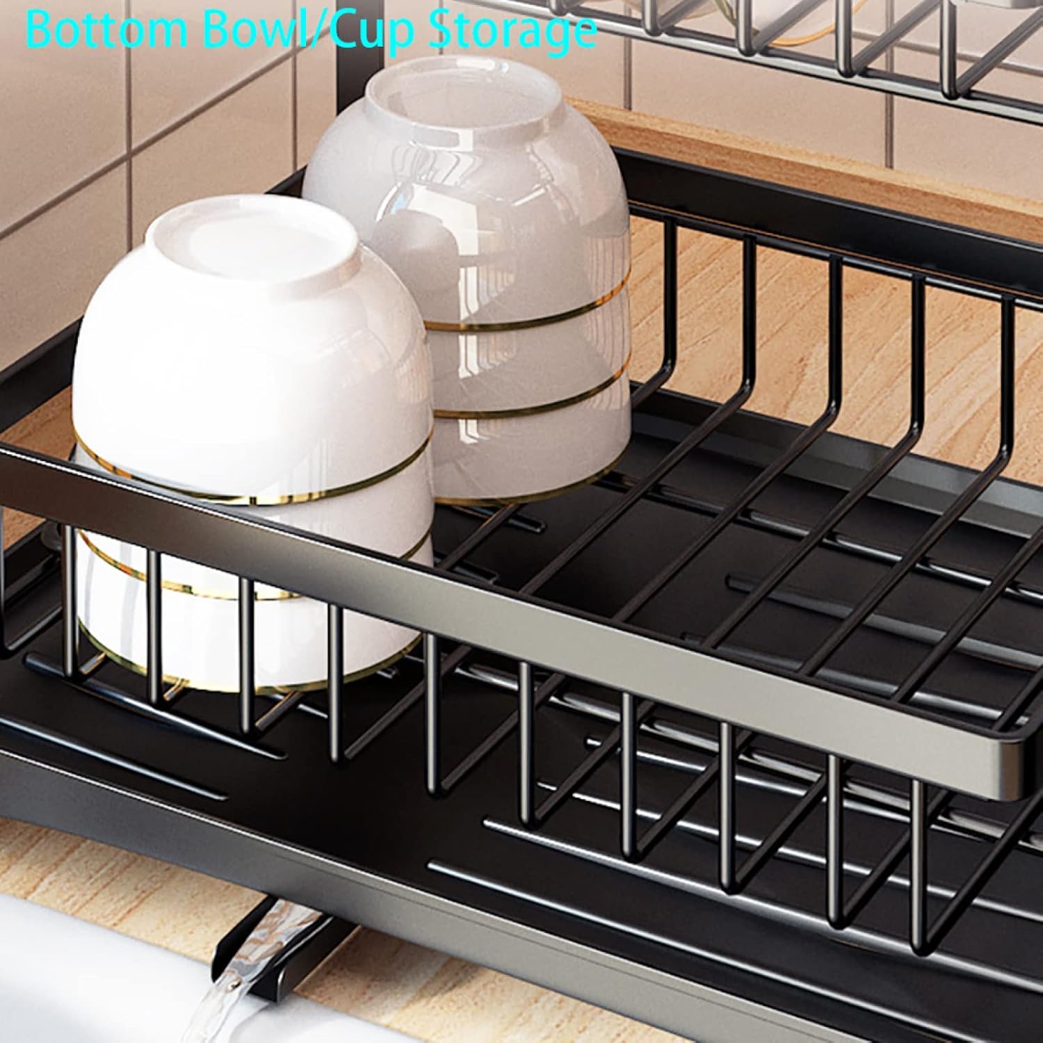 CAKERS 2 Tier Carbon Steel Dish Drying Rack|Dish Drainer for Kitchen Counter|Dish Strainers with Auto-Draining Tray|Drying Rack with Utensil Holder|36x24.5x37.5cm(14.1x9.6x14.7in),Black