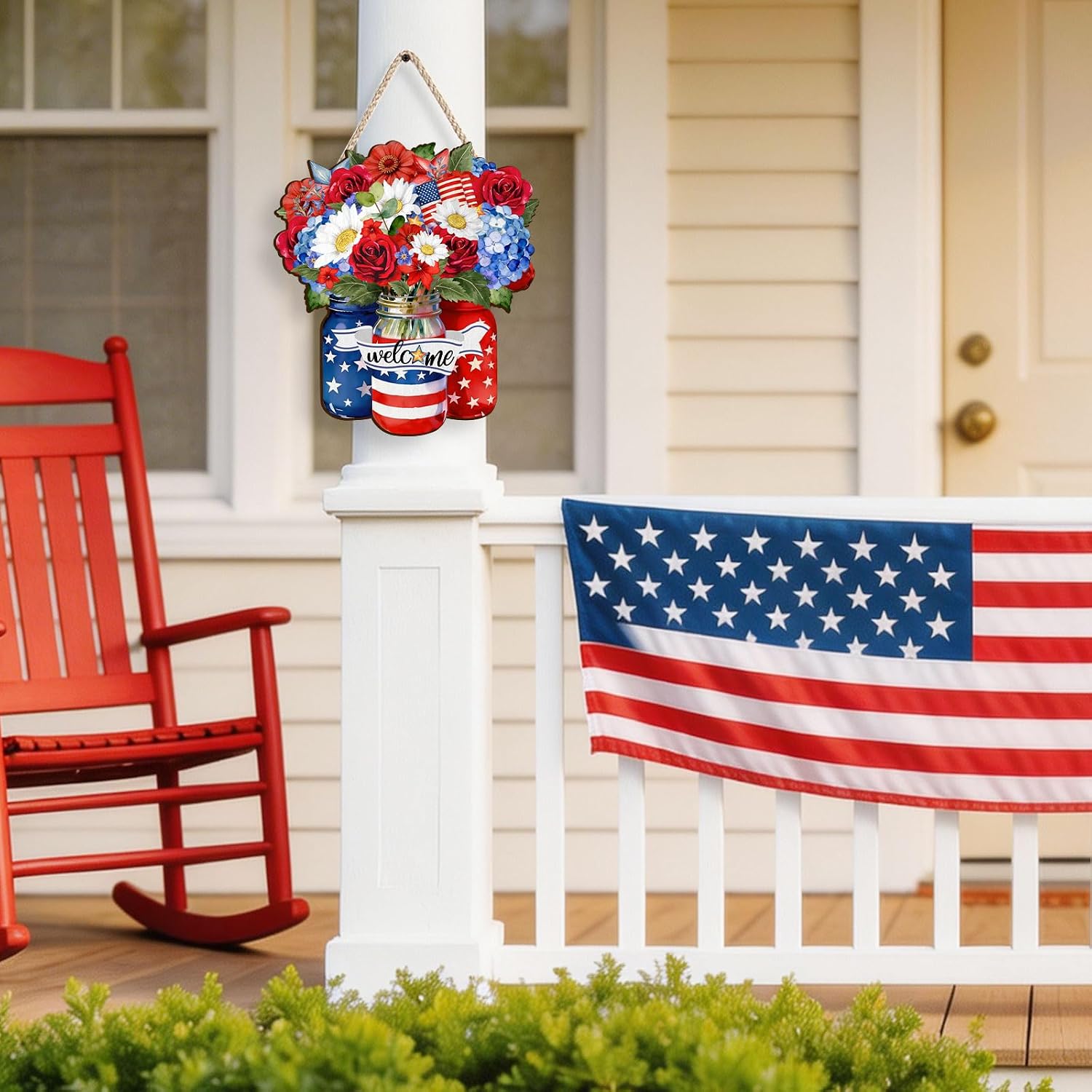 Pigort Wooden 4th of July Decoration Door Wreath – Patriotic Independence Day Wreath with Flowers, Heart-Shaped Welcome Sign (10.2×11.4 in) for Front Door, Wall, Outdoor & Indoor Home Decor