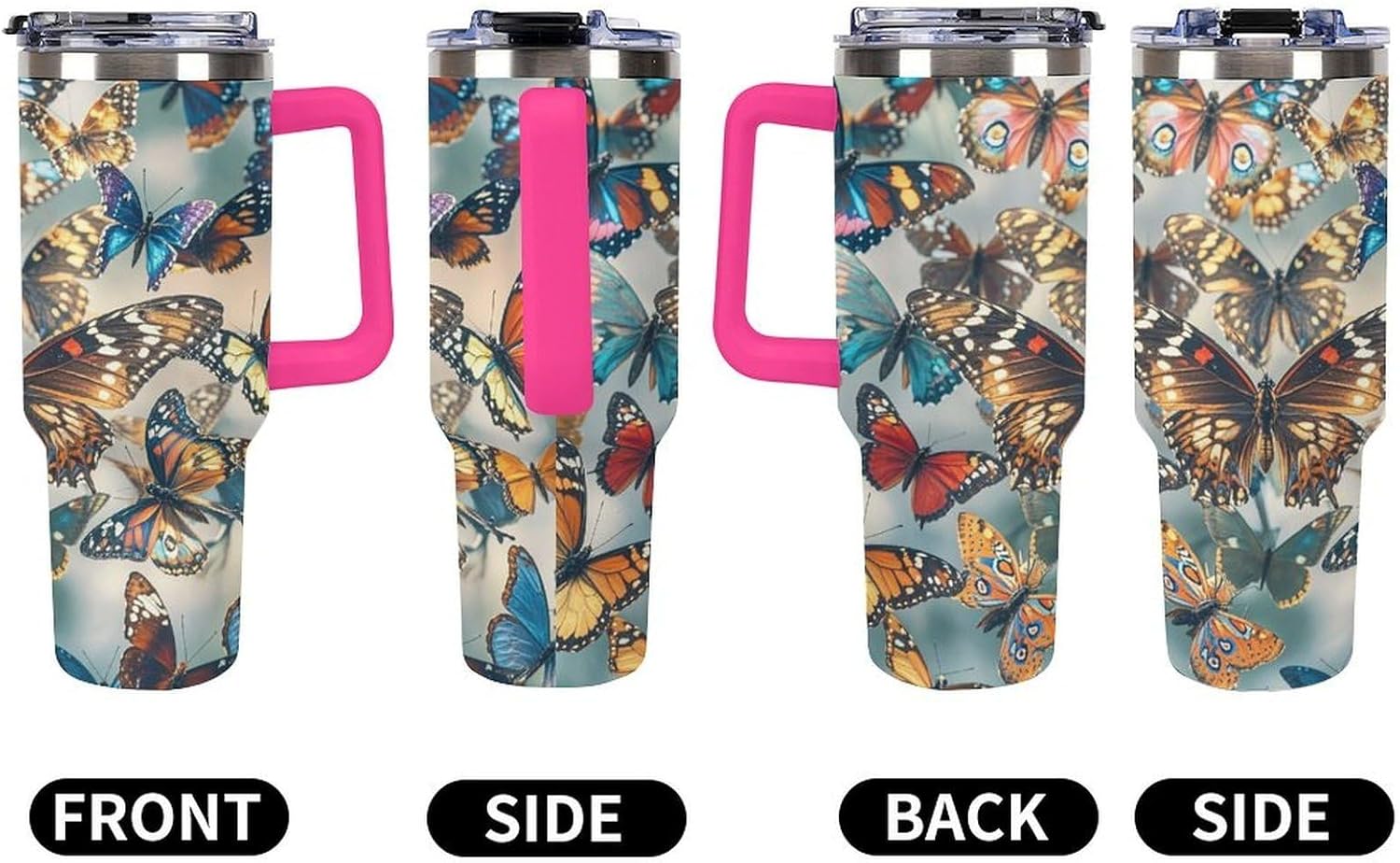 Butterflies Tumbler 40 Oz with Handle&Lid Large Car Cup Stainless Steel Vacuum Travel Mug Insulated Water Bottle Leak-proof Portable Coffee Cup for Home Car Outdoor