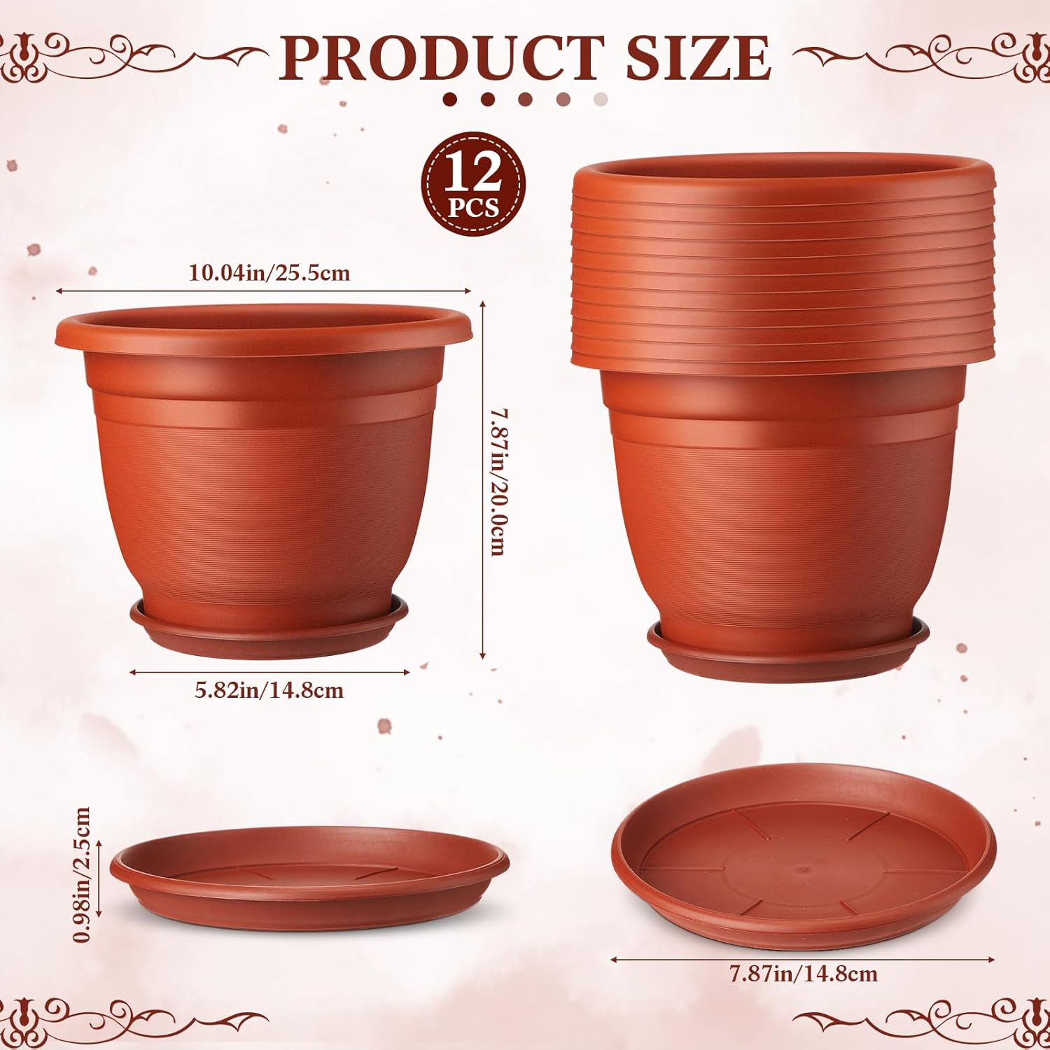 12 Pack 10'' Plastic Plant Pots Round Planter Pots with Saucer Tray Seedling Pots with Holes Seed Resin Plant Pot Starting Nursery Flower Container with Pallet for Garden Outdoor Indoor