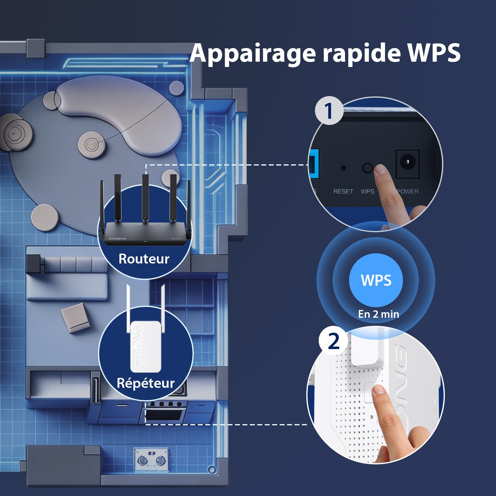 STRONG Répéteur WiFi 7 BE3600, Amplificateur WiFi Double Bande | 3600 Mbps, WiFi 7, MLO, Double Bande, Répéteur WiFi, Port Ethernet Gigabit, 2 antennes externes, Point d'accès