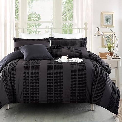 Miniatura 2 de Juego de edredón tamaño Queen, juego de edredón negro copetudo para cama Queen, edredón bohemio de 3 piezas, edredón suave y esponjoso con 2 fundas