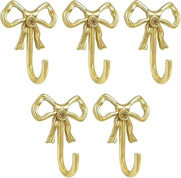 5Pcs Bow Wall Hooks - MfhdgXAvs Gold Decorative Coat/Towel Hooks for Bathroom, Bowknot Hangers with Screws, Alloy Cute Shower Curtain & Robe Hook, Heavy Duty Home Decor Gold-C