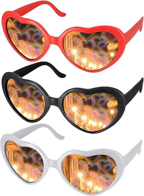 3 Pcs Heart Effect Diffraction Glasses, Heart Shaped Special Effects Glasses, 3D Heart Light Sunglasses Eyeglasses for Raves, Music Festivals, Outdoor Music Party, Fireworks Displays