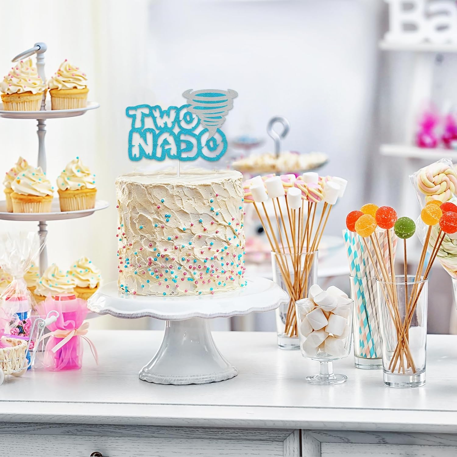 Two Nado Cake Topper - Tornado Sign 2nd Bithday Cake Picks - Kids Boys Two Years Old Themed Birthday Party Favors Decor - Blue Glitter 2nd Birthday Party Decoration Supplies