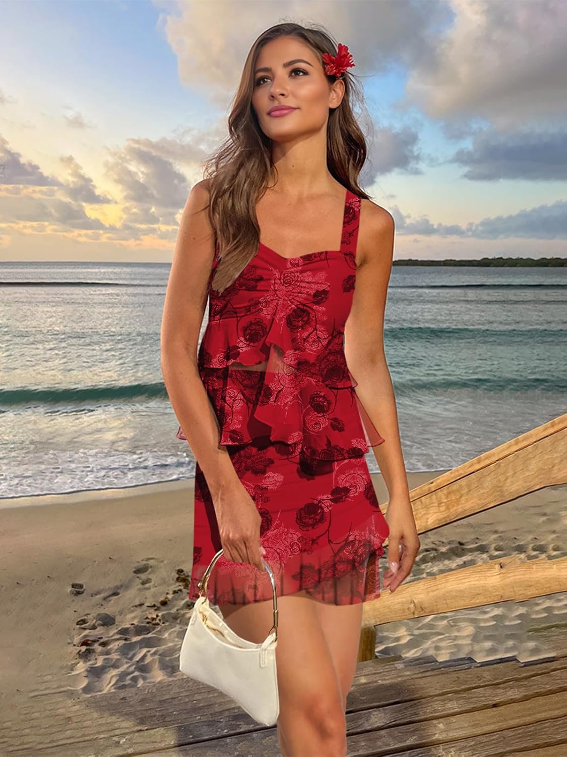 SEBOWEL Women Two Piece Dress Set Strap Mesh Ruffle Cami Top Bodycon Short Skirt Set Summer Party Outfits - Image 2