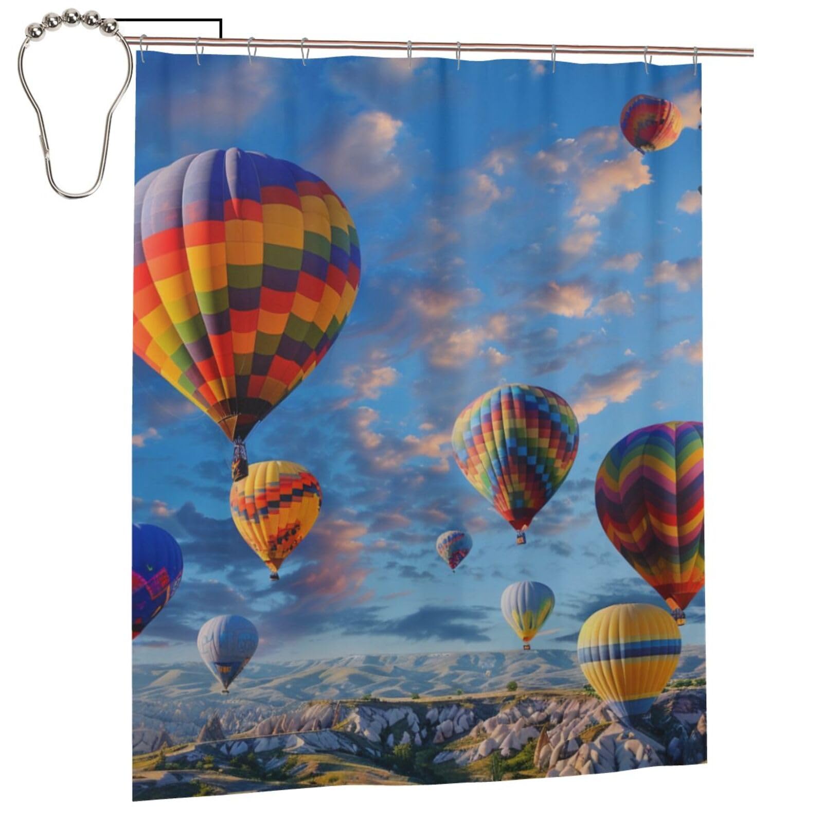BWWHCCTI Hot Air Balloons Printed Shower Curtain With 12 Iron Hooks Opaque Quick Drying Waterproof Shower Curtains Sets For Bathroom 152x183 Cm