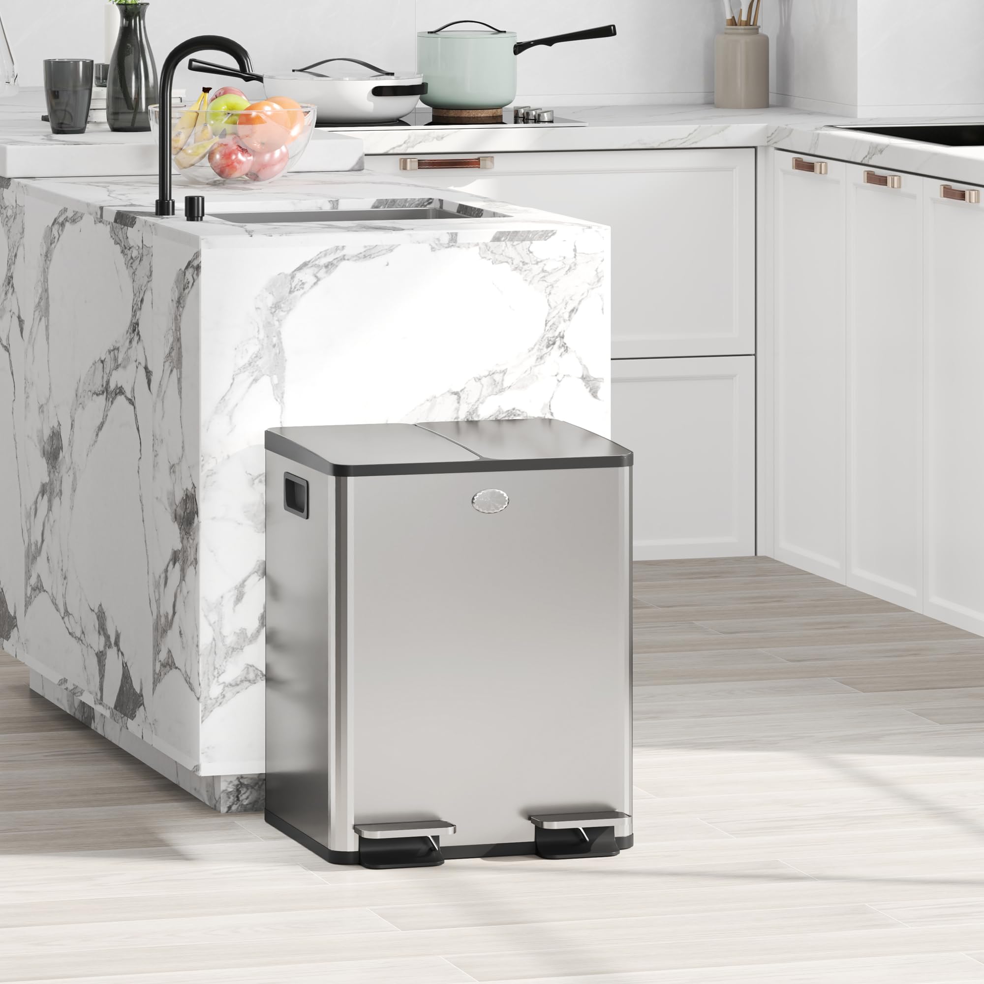 HOMCOM - Papelera de cocina doble, 2 x 20 L, cubo de pedal de acero inoxidable, 2 tapas de cierre suave, cubos interiores extraíbles y asas anti-huellas dactilares, 45,8 x 36 x 51,6 cm