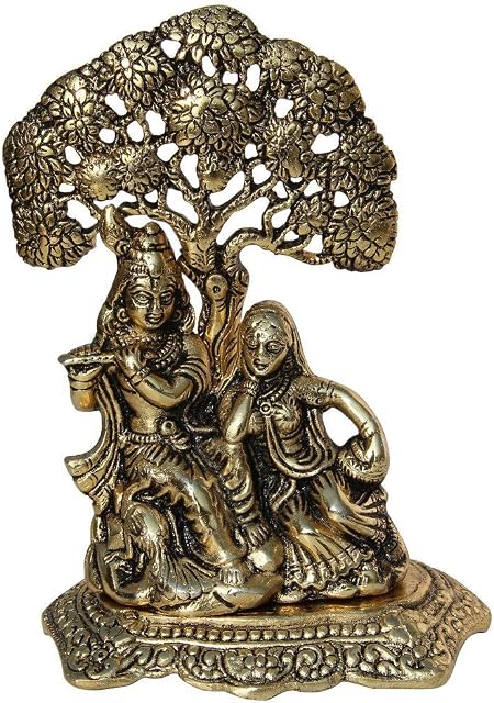 Purpledip Metal Idol Radha Krishna Under Tree: Decorative Statue For Home Temple (10924)