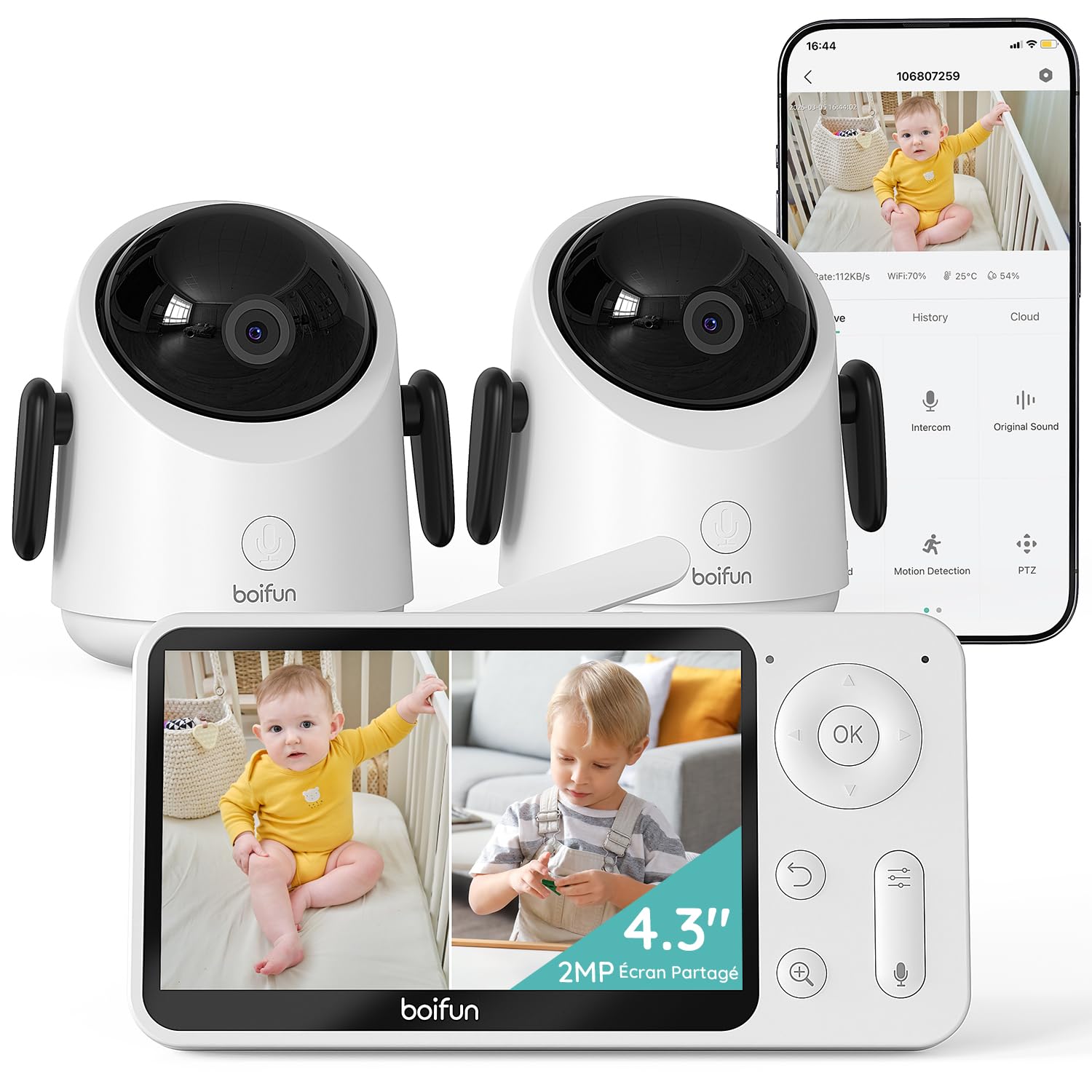 BOIFUN Babyphone 2 Cameras, Écran Divisé, Application Mobile et Moniteur 4,3" 1080P, Détection Intelligente, Suivi Automatique 360°, Zoom 4X, Double Protection de la Vie Privée