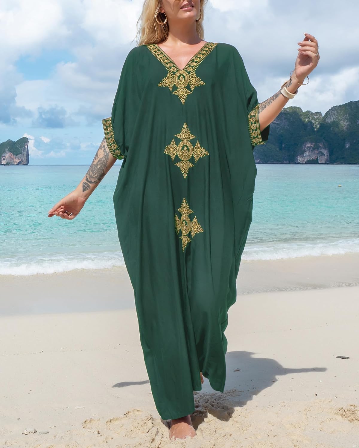 Bsubseach Gold Embroidery Long Kaftan Dresses V Neck Caftan Dress Beach Cover Ups for Women Embroidery