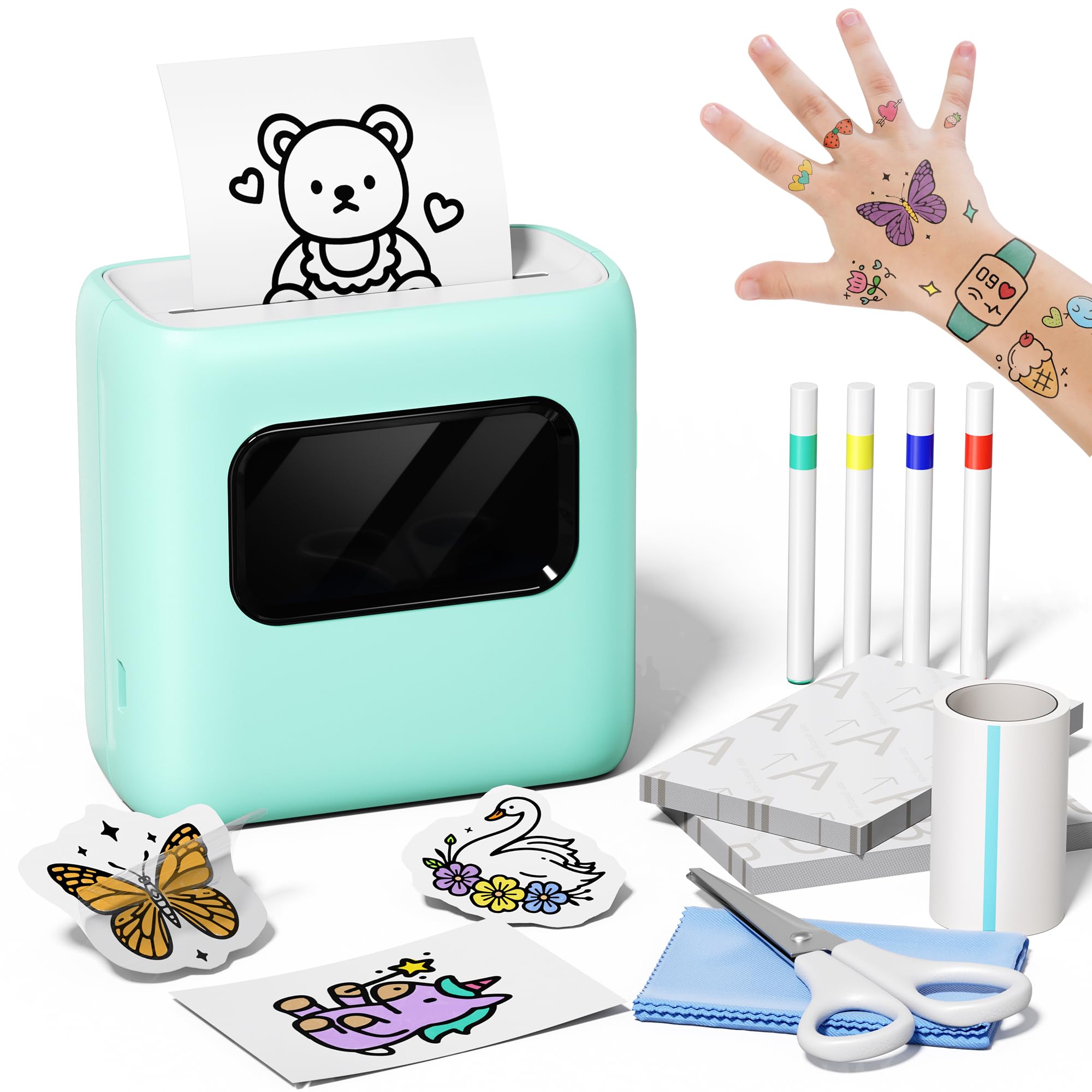 TATTMUSE Stampante Tatuaggi per Bambini, Regalo Bambina 6 7 8 9 10 Anni con 40 fogli per Tattoo e 4 Pennarelli, Tatuaggi Temporanei - Attività Fai da te per Giochi Bambina 11 12 Anni