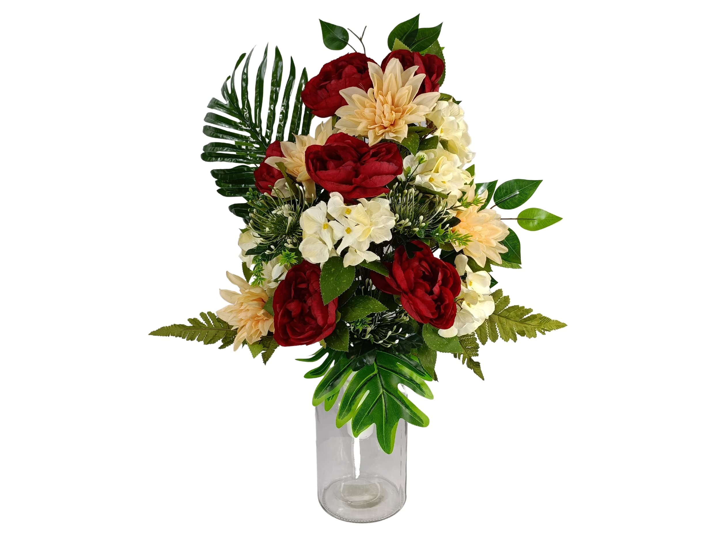 DRW Centro de Flores Artificiales para Cementerio Iglesias Bodas Centro de Flores para los Santos Rojo Naranja y Beige 65X40 cm Jarron para Introducir en los jarrones de nicho o Sepultura