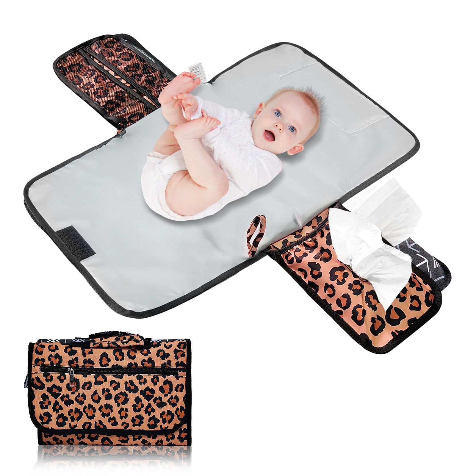 Matelas à langer portable, pour les déplacements, compact, sac à langer amovible, pour bébé en voyage, motif léopard