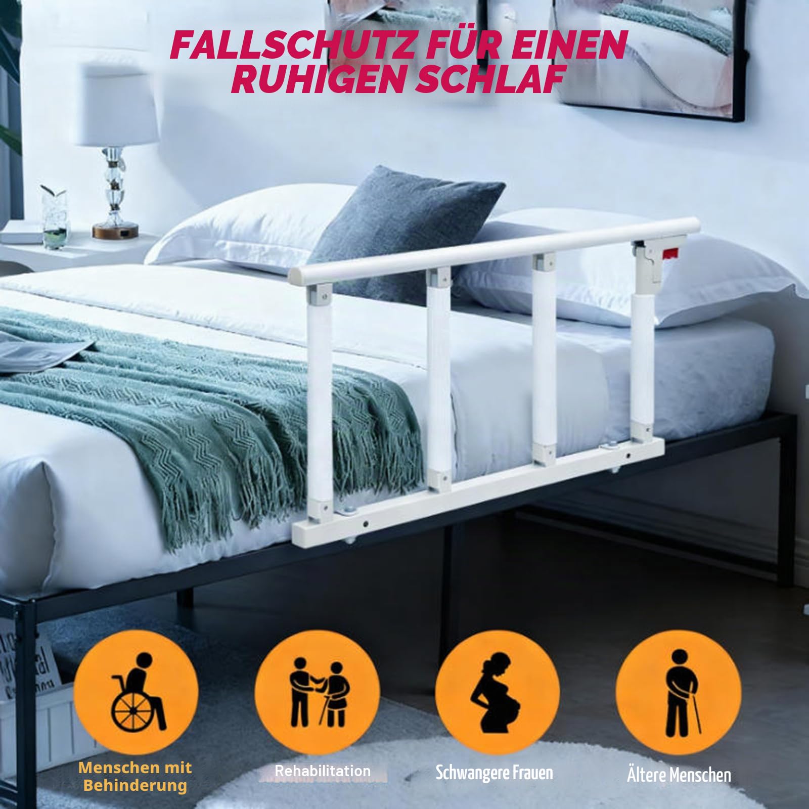 Bettgitter Rausfallschutz für Erwachsene, Faltbares Bettschutzgitter mit Aufstehhilfe, Rausfallschutz Bett für Senioren, Behinderte & Schwangere, Passend für Boxspringbett & Standardbetten