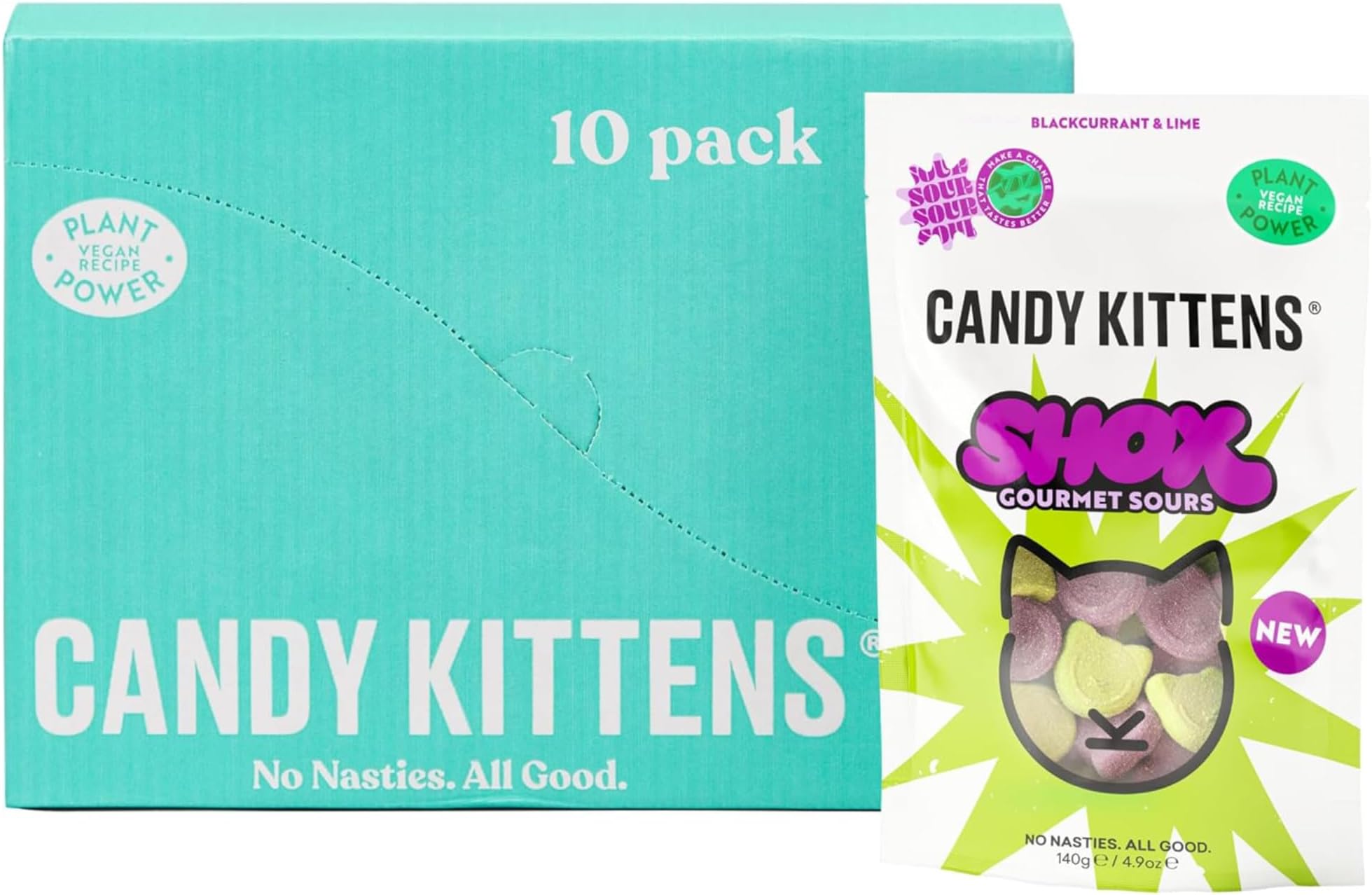 Vegan Sweets, CANDY KITTENS SHOX Gourmet Sours (10 x 140g Bag), Packed with fruit juice and natural ingredients, Sour Shox Blackcurrant & Lime, Vegetarian Sweets