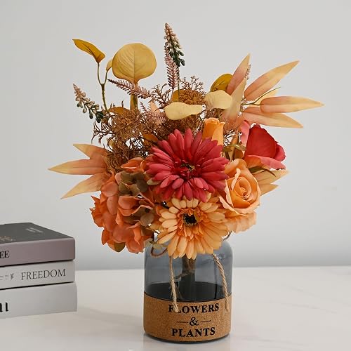 Vintage Burnt Orange Artificial Flowers with Glass Vase for Fall Home Decor