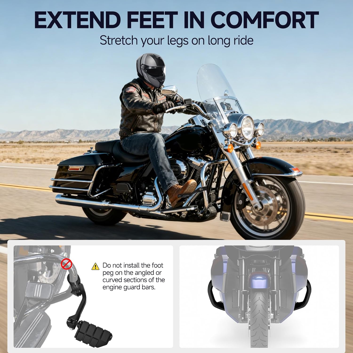 Highway Pegs, Long Angled 1.25" Highway Footpegs Adjustable Footrest Fit for Harley Touring Street Glide Road King Road Glide Softail CVO Dyna Trike VRSC Sportster Fits 1-1/4" Engine Guard, Black