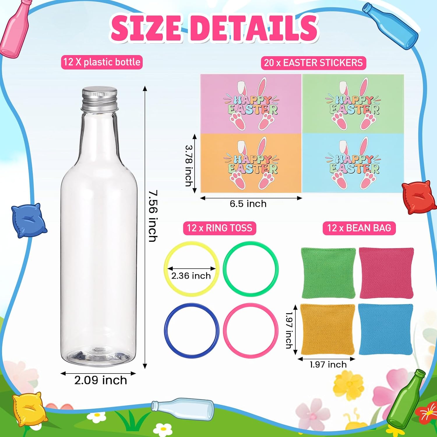 Leitee 56 Pcs Easter Ring Game Toss Happy Easter Day Plastic Bottle Labels Bean Bag Backyard with Mixed Color Rings Hoops for Adults Family Outside Sport Party