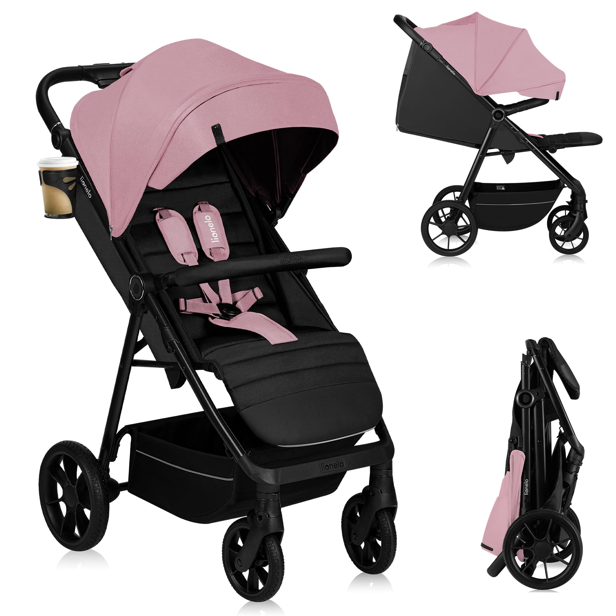 LIONELO MIRA Poussette Canne 22 kg 6 mois-4 ans Roues Pivotantes 360° Amortissement Total Chocs Dossier Repose-pieds Réglables Auvent XXL UPF50+ Panier 3 kg Rose