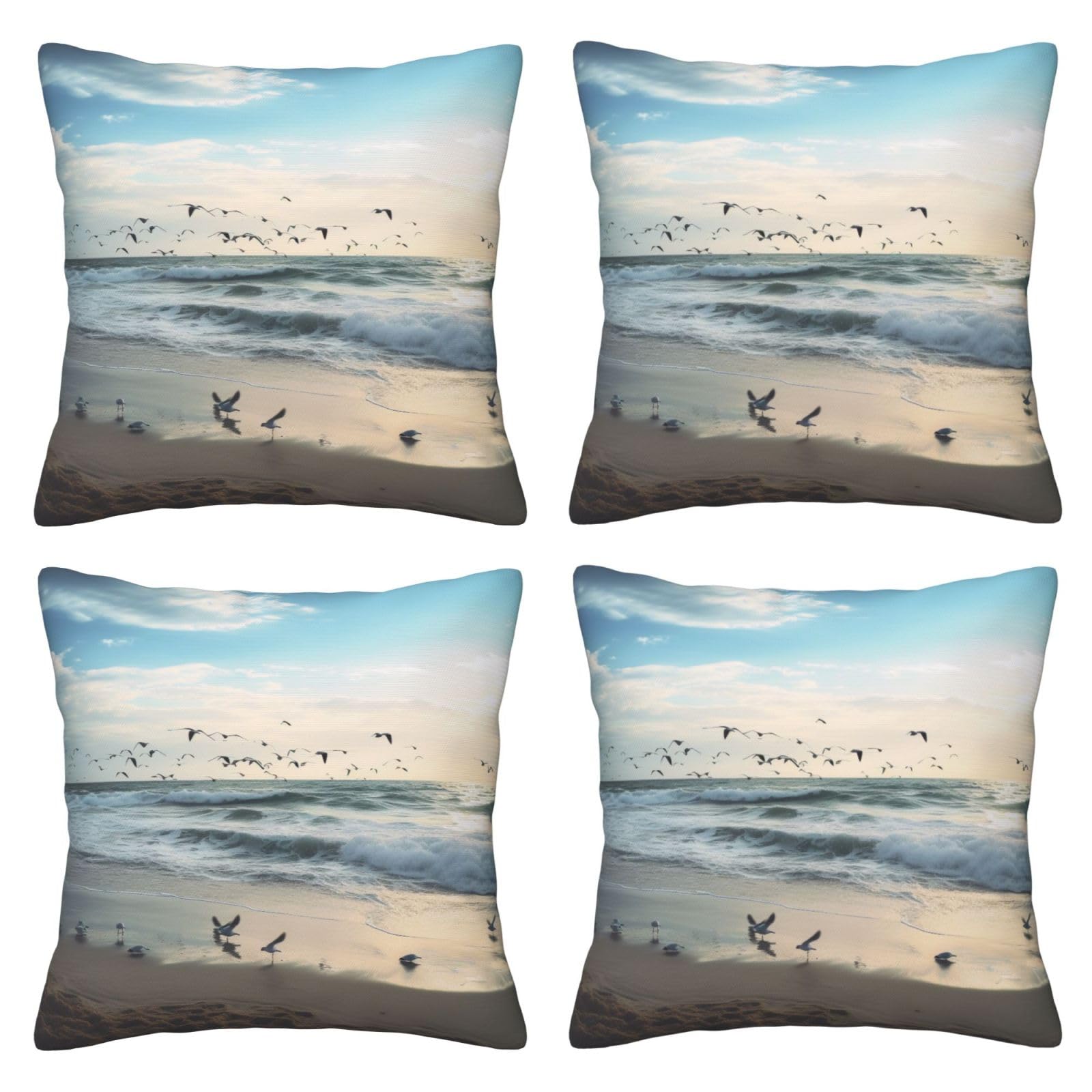 The Beach with Sea Birds Throw Pillow Cases 4 Pack Square Pillowcases Super Soft Pillow Protectors With Zipper for Couch Livingroom Sofa Bed Office Car,50x50 CM