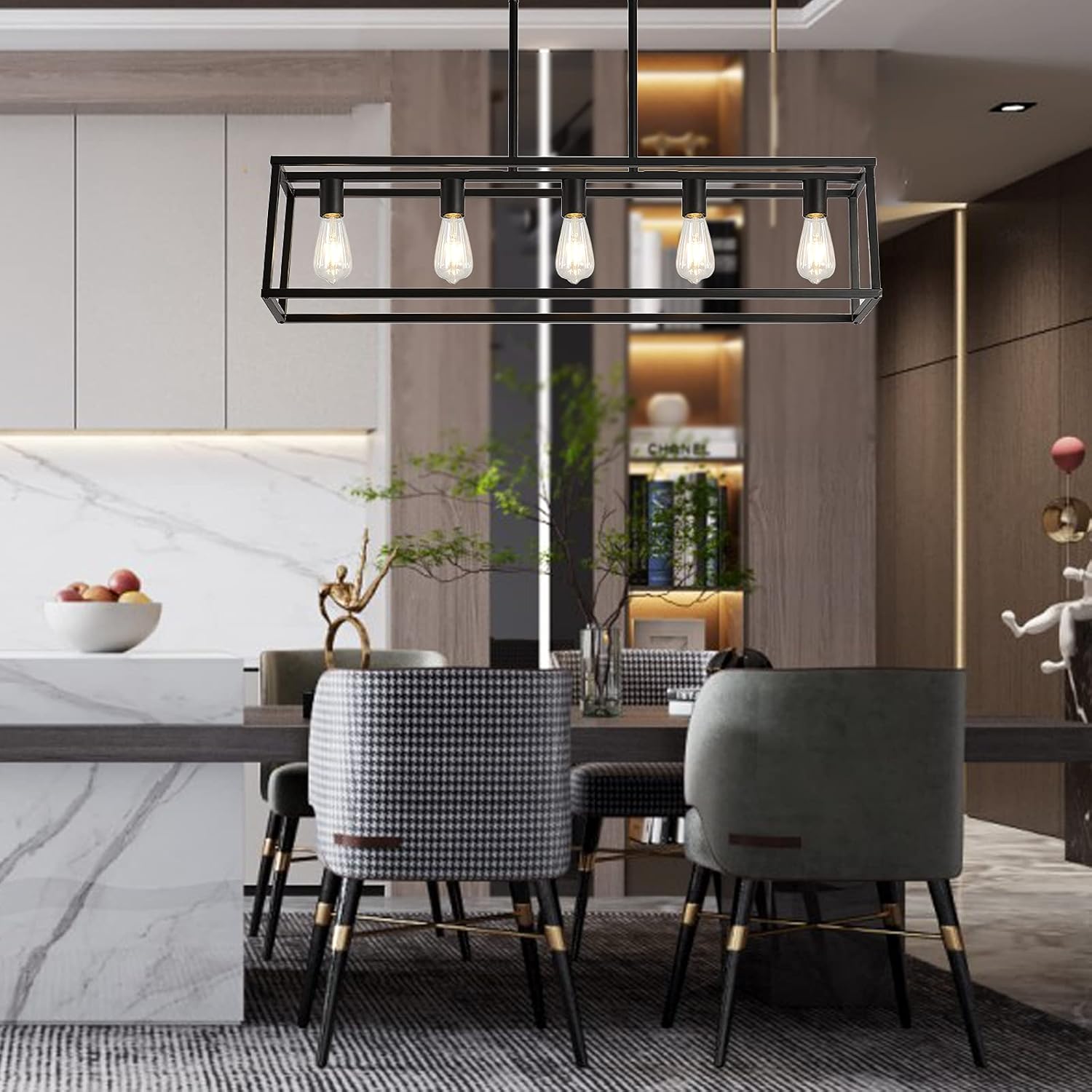 XILICON Kitchen Island Lighting Farmhouse Chandeliers Black 5 Light Modern Dining Room Lighting Fixtures Hanging, Kitchen Island Cage Linear Pendant Lights Ceiling Light