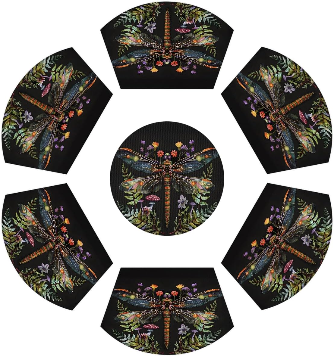 Dragonfly Flower Animal Wedge Placemats Set of 6+1pcs PVC Washable Wedge Place mats Round Table mat Wipeable Plastic Dining Table mats for Kitchen Indoor Outdoor Patio Table Decor