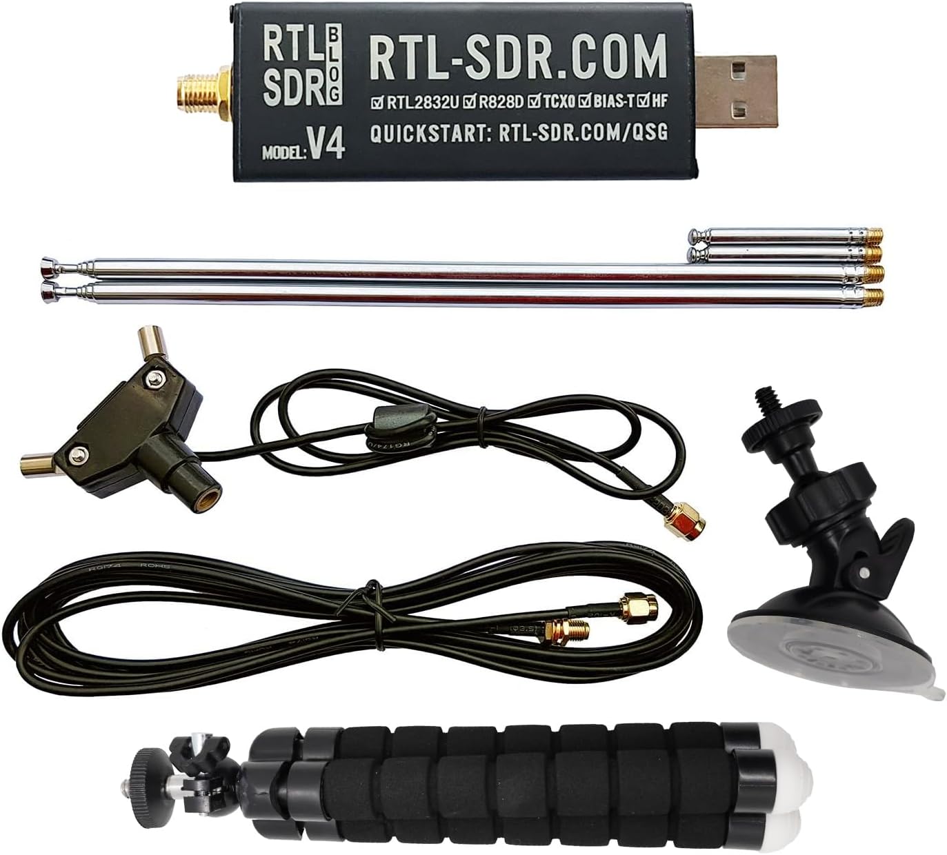 RTL-SDR Blog V4 R828D RTL2832U 1PPM TCXO HF Bias Tee SMA Software Defined Radio with Dipole Antenna Kit