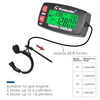 Runleader Hour Tach Meter, Waterproof Backlit Hourmeter with RPM Alert, Initial Hours Setup & Maintenance Reminder, Replaceable Battery for ZTR Mower, ATV, Generator, Marine Equipment(Red Button)