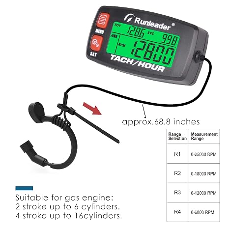 Runleader Hour Tach Meter, Waterproof Backlit Hourmeter with RPM Alert, Initial Hours Setup & Maintenance Reminder, Replaceable Battery for ZTR Mower, ATV, Generator, Marine Equipment(Red Button)