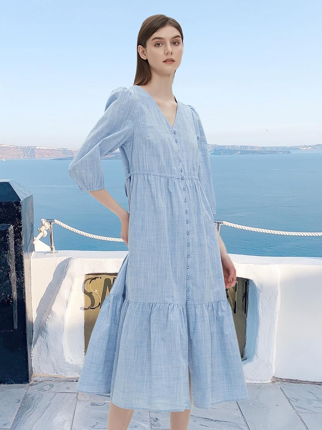 D-Sun Women's V Neck 3/4 Sleeve Maxi Dress Casual Button Down Tiered Ruffled Flowy Fall Long Dresses - Image 6