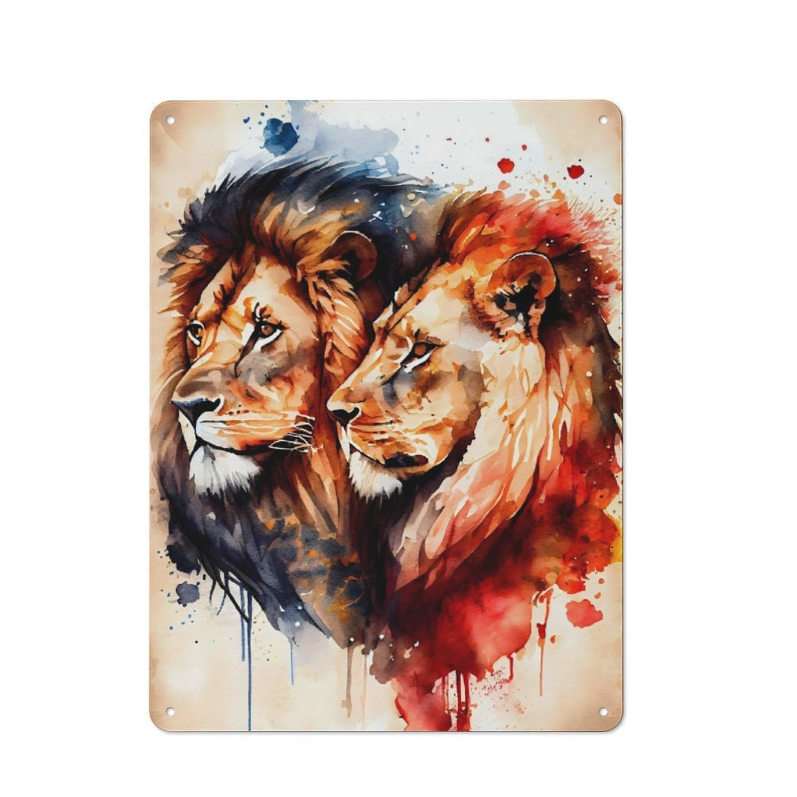 Junmoney Lions Couple Watercolor Vintage Metal Wall Sign 40X30cm For Studio Or Craft Room, For Vintage Wall Decor Fans, For Metal Sign Collectors