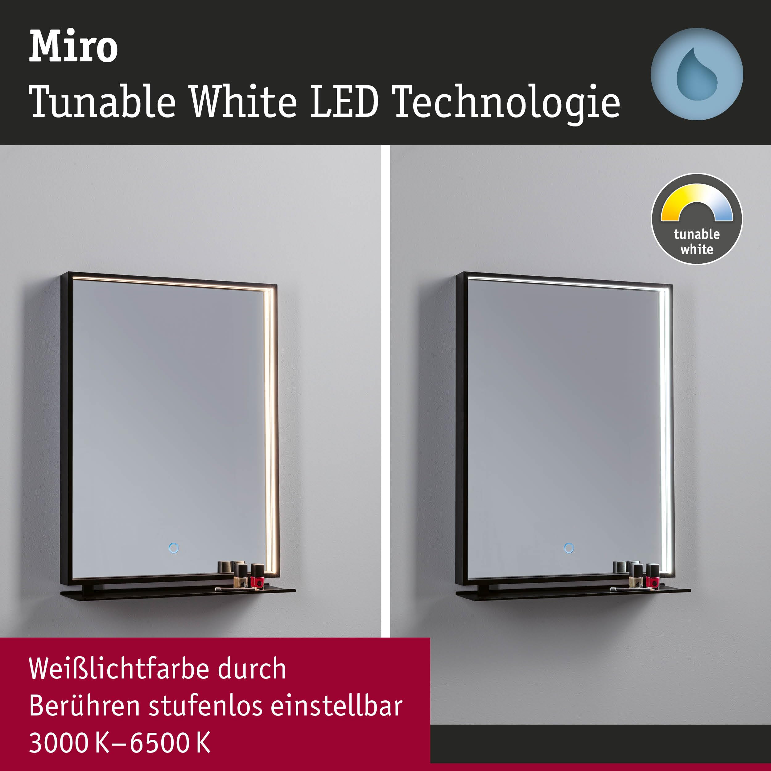 Paulmann 71093 LED Leuchtspiegel Miro IP44 Tunable White 180lm 230V 11W LED Spiegel, Schwarz matt Badleuchte