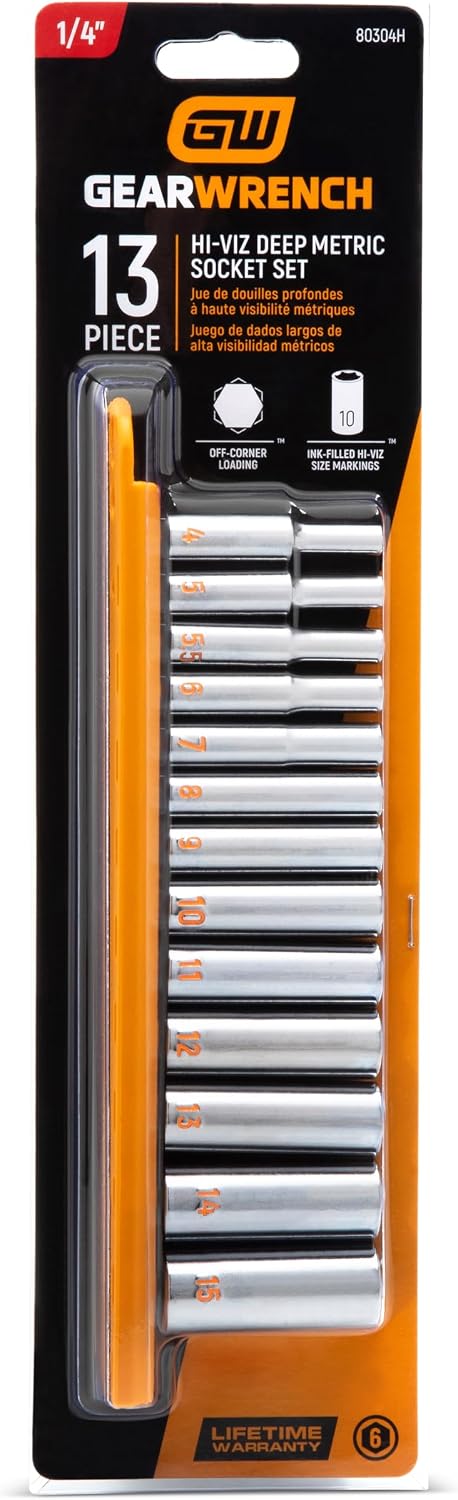 GEARWRENCH 13pc 1/4" Drive 6 Point Metric Hi-Viz Deep Socket Set | 80304H