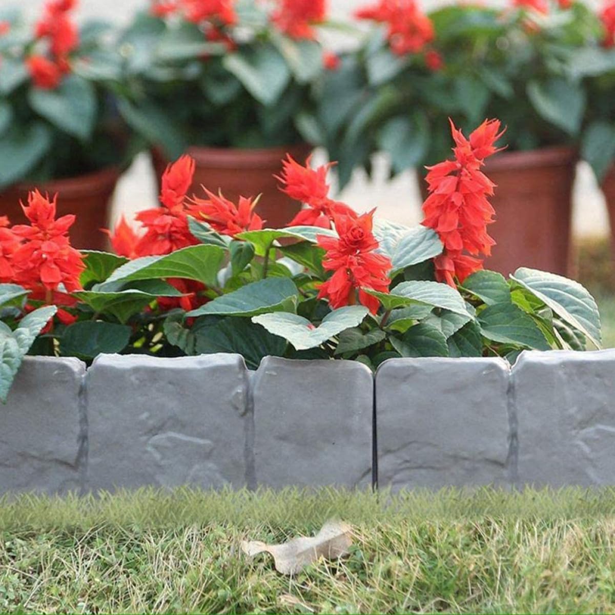 Uonlytech 20pcs Plastic Garden Fence Panel Stone Simulation Border for Garden Edging Outdoor Patio Decoration Gray