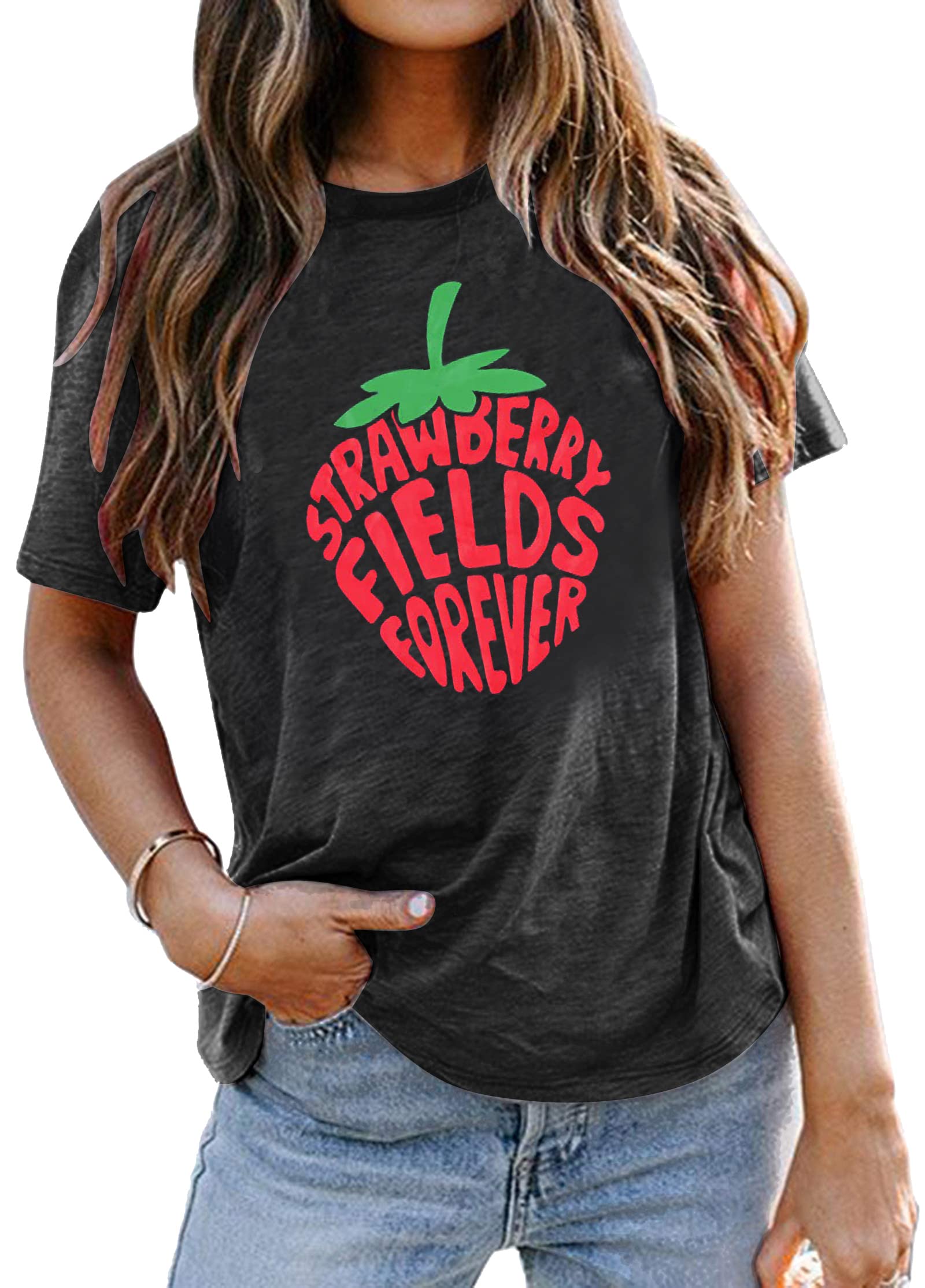MAXIMGRStrawberry Fields Forever T-Shirt Women Country Music Shirts Strawberry Graphic Tees Retro 70's Rock Tee Short Sleeve Top