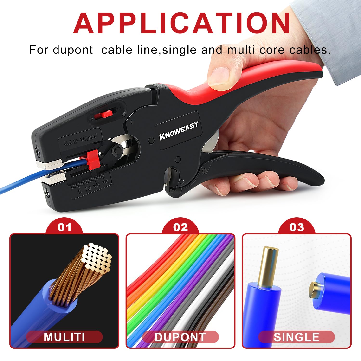 Knoweasy Pelacables mejorado: 2 en 1, alicates y cortador de cables resistentes para 32-7 AWG (0,03 mm²-10 mm²), herramienta esencial para pelar y cortar para profesionales y entusiastas del bricolaje