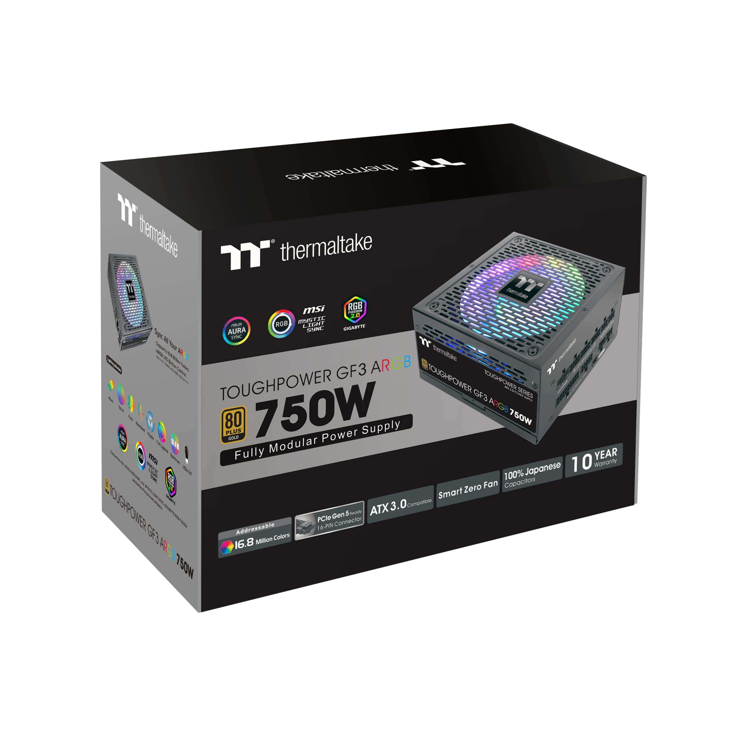 Thermaltake Toughpower GF3 ARGB 750W | Alimentation PC ATX 3.0 | PCIe Gen 5.0 | 80-Plus Gold | entièrement modulaire | Ventilateur Silencieux 140 | Certifié UE | Noir