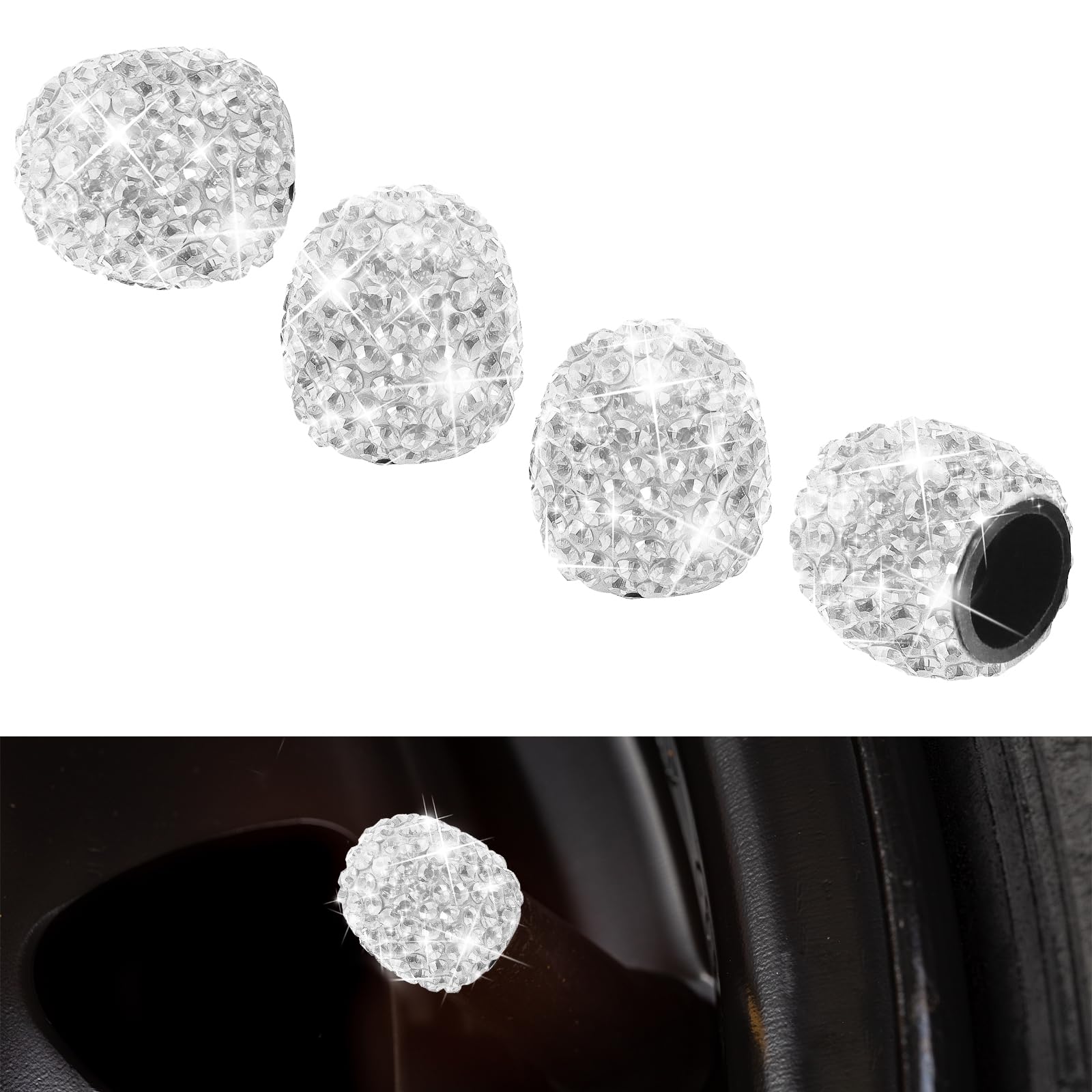 4Stück Ventilkappen Auto,Universelle Kristall Diamant Glitzer Strass Reifenventilkappen,Strass Ventilkappen Fahrrad,Ventilschaftdekoration für Autos,Kfz-Reifenventilstecker mit Strasssteinen (Weiß)