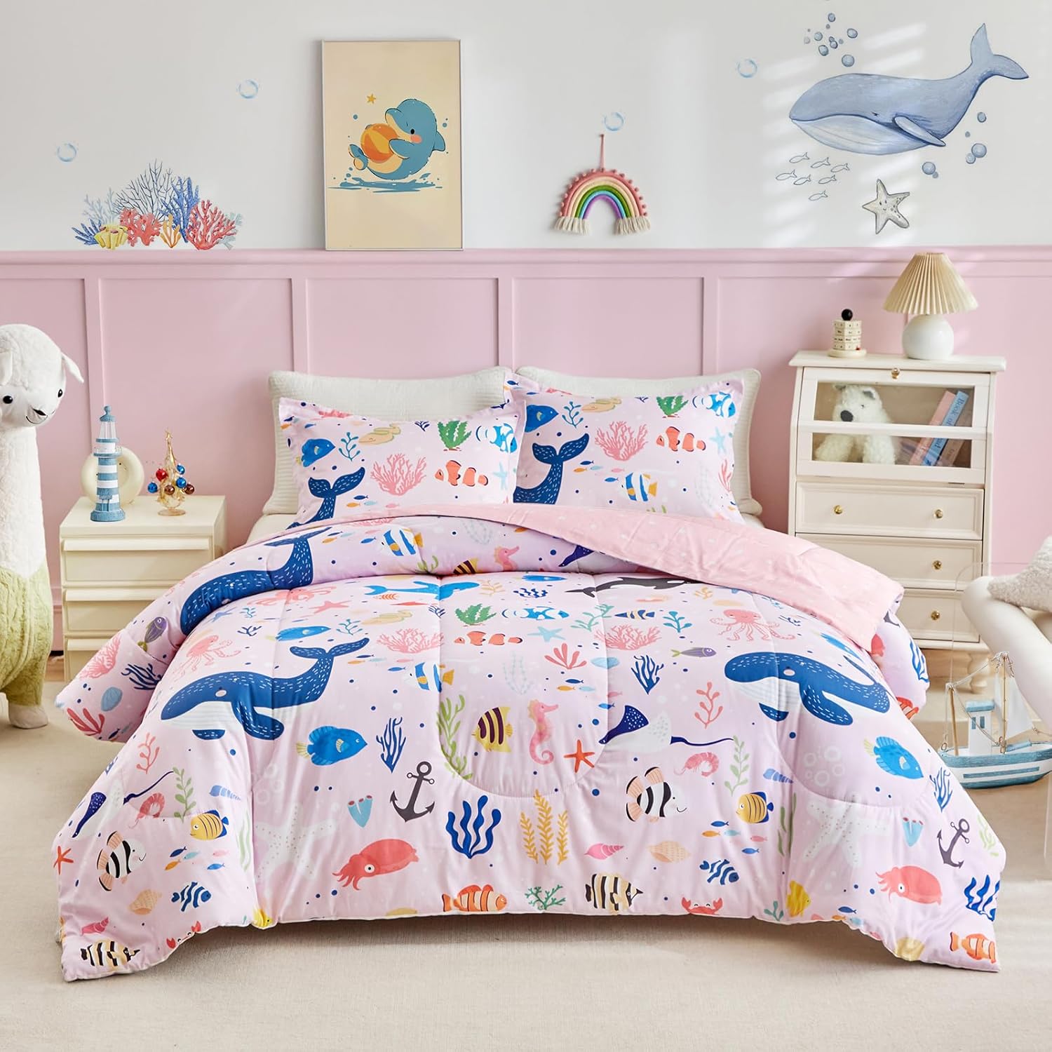 Joyreap 3pcs Cotton Twin Size Comforter Set for Kids, World of The Sea Theme Blue Design, Soft n Cozy Bedding Comforter for All Season- 68x88 inches