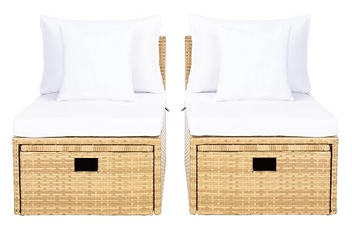 SAFAVIEH Outdoor Collection Pramla Natural/White Cushion Settee with Storage Ottoman