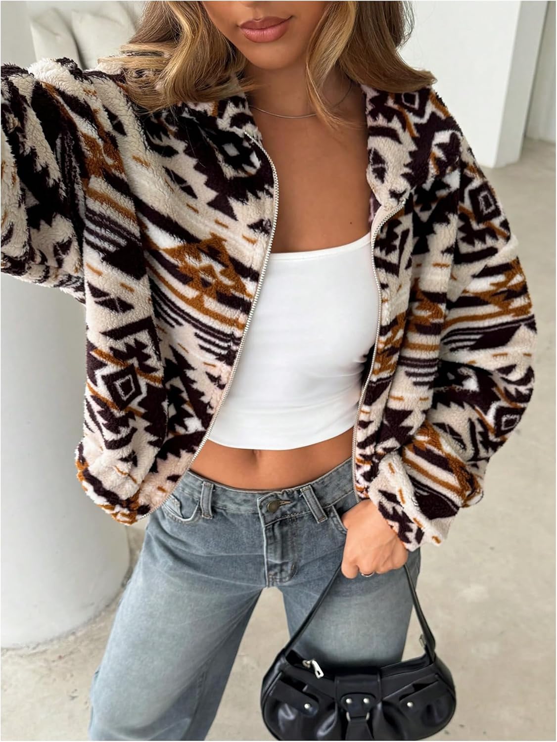 Milumia Women's Geo Print Sherpa Fleece Jacket Zip Up Collar Long Sleeve Coats Outerwear - Image 4