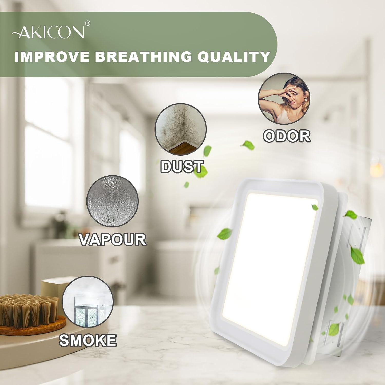 Akicon Bathroom Exhaust Fan with Light, 50-80-100 CFM DC Motor, 1.2 Sones Bath Fan, 3CCT LED Light 2700K/4000K/5500K with 7W Night Light Quiet Energy Saving Bathroom Ceiling Fan, White