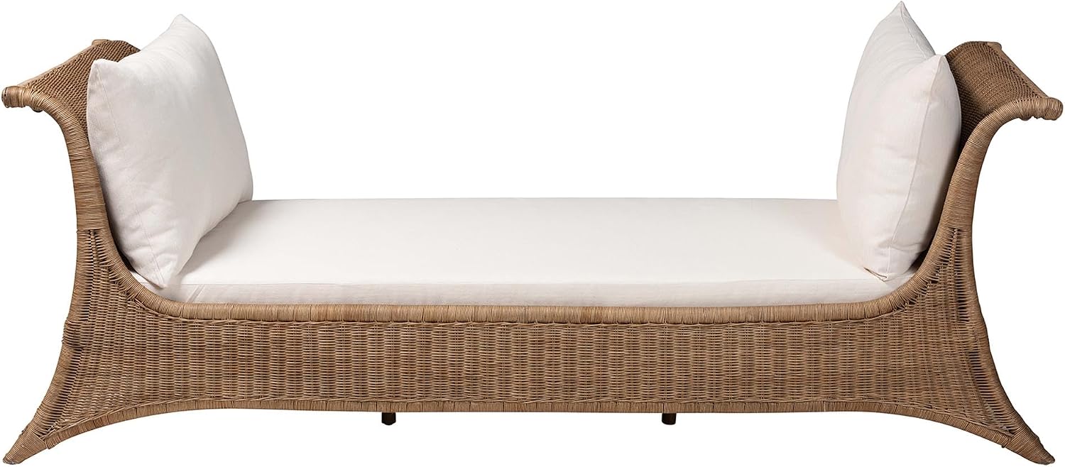 Bali & pari Kalisha Natural Rattan Daybed with Cushions - Coastal Boho Indoor Lounge Sofa Bench for Living Room, Sunroom, or Bedroom Relaxation