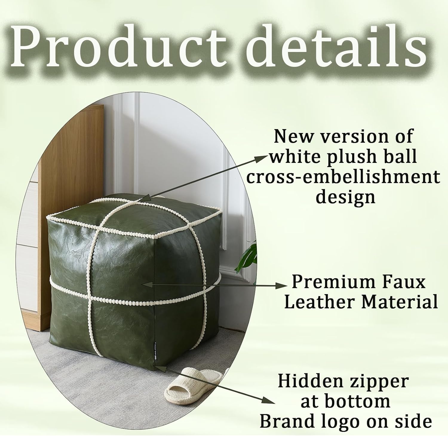 Louis Donné Square Unstuffed Pouf Ottoman Cover - Waterproof Faux Leather Footstool for Living Room, Moroccan Boho Poufs Foot Rest with Storage, Easy Clean, 18 Inch, Green（Only Cover No Filler