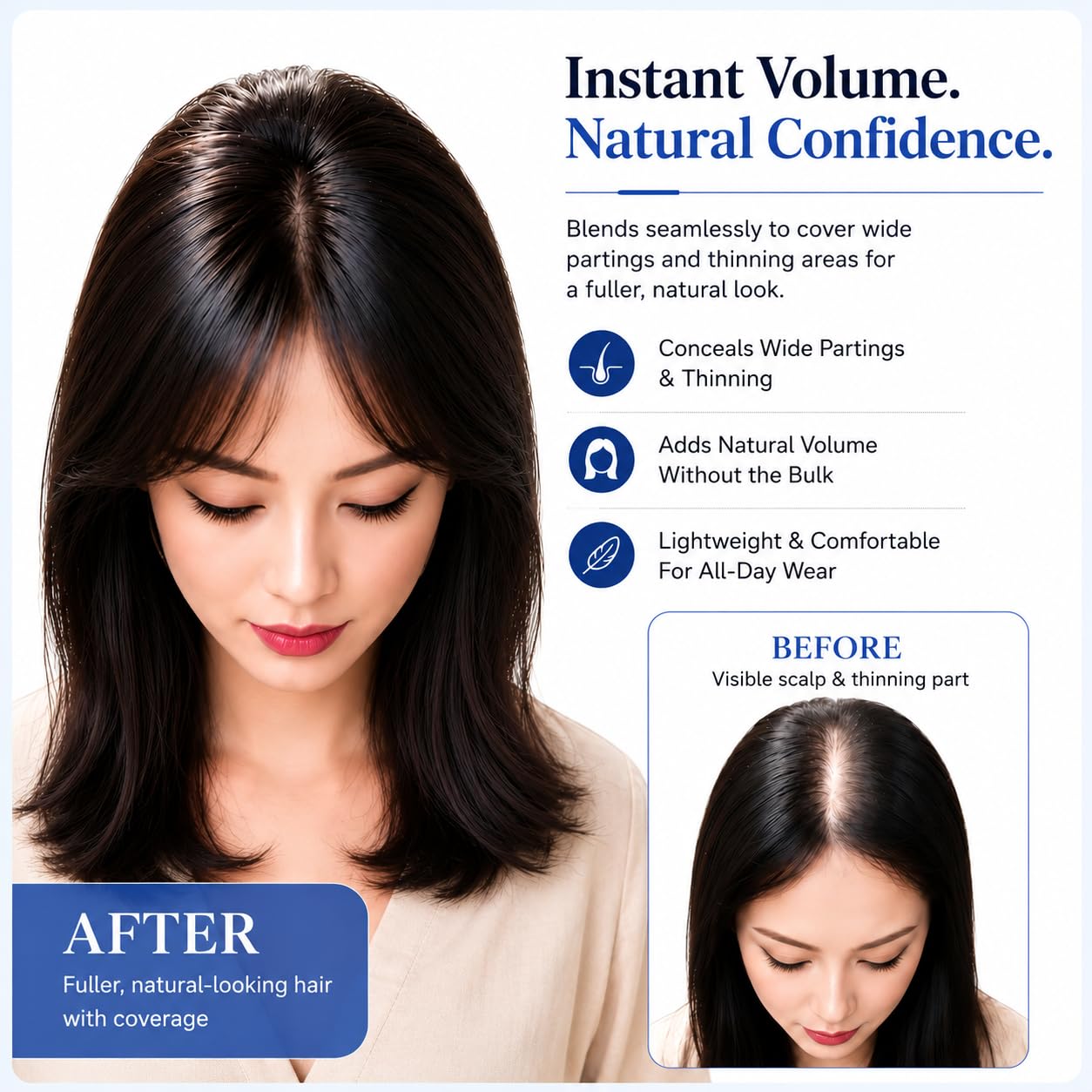 No Edge Design Human Hair Topper for Women – Borderless Clip in Bangs, 10" Trimmable Wispy Fringe, Invisible T-Shaped Lace Hairpiece for Thinning Hair (Borderless-1B-Air Bangs)