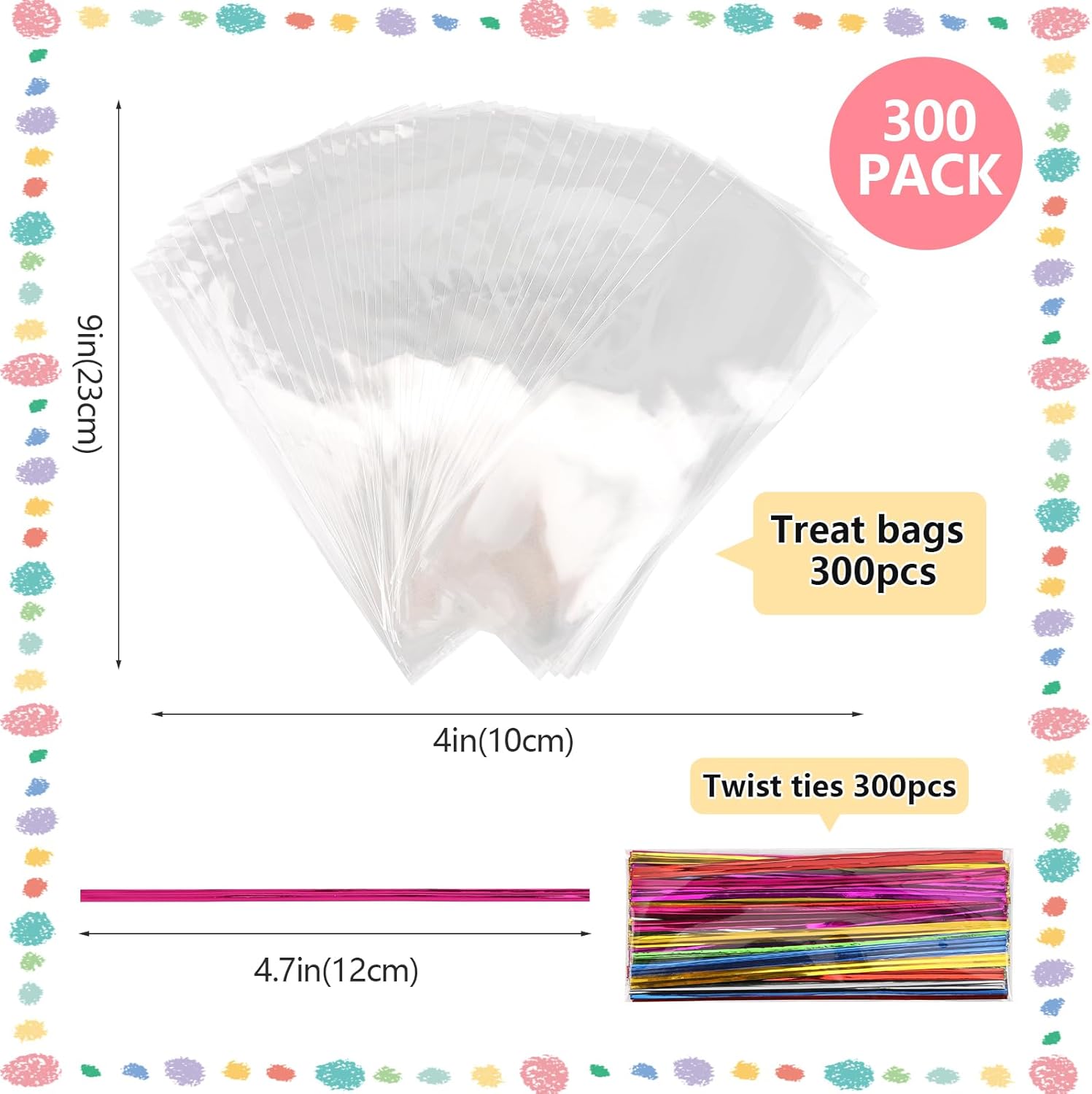 SOMIOCO Small Cellophane Treat Bags 4’’ x 9’’ 300 cnts Clear Plastic Gift Goodie Bags for Small Business, Bakery, Cookie, Candies, Soaps, Party Favors Packaging with Colorful Twist Ties thumbnail