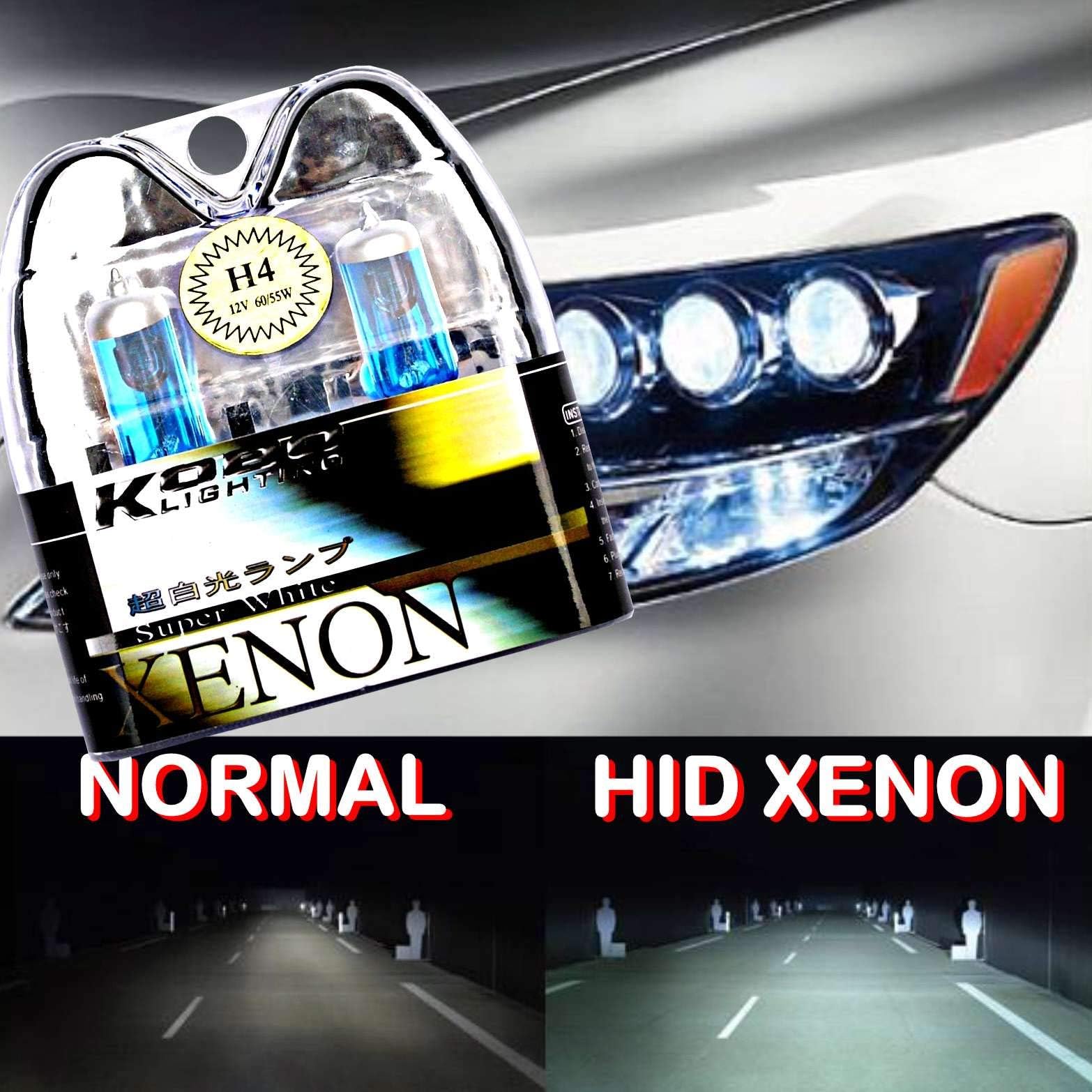 SAISDON- H4 55W 60W 12V 6000K Hid Car Headlight Halogen Bulbs Kobo Blue Tint White Xenon Super Gas Charged Lamp Super Bright Fog High Low Beam Motorbike Ultra Upgrade Direct Replacement [2 Pack]#1005