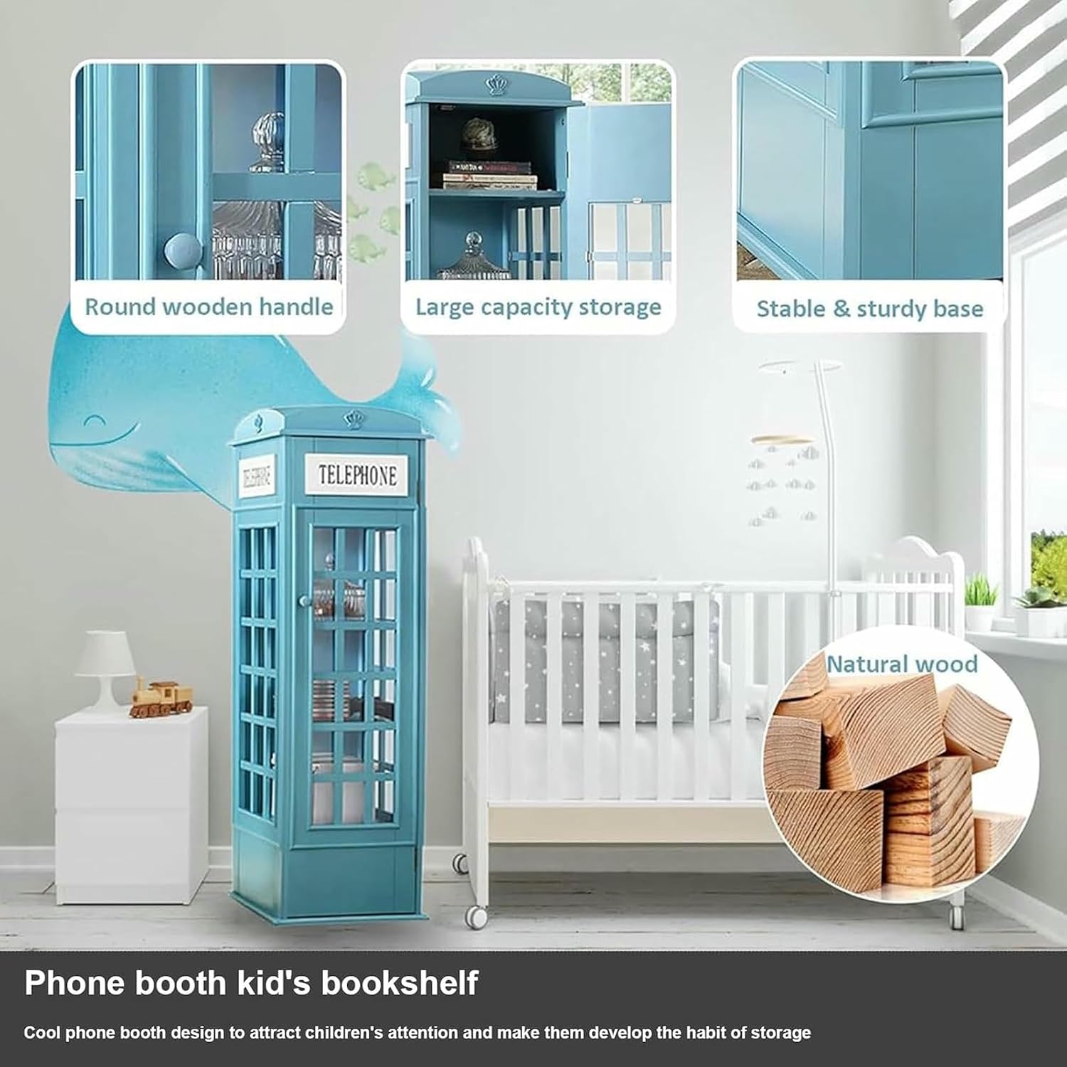 Wood Bookshelf ，Telephone Booth Shape，5-Tier Wood London Telephone Booth Storage Shelf，Bookcase Storage Rack for Kids Adults image 5